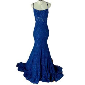 New La Femme Navy Blue  Formal Long Sequin Beaded Lace Mermaid Tulle Prom Size 4